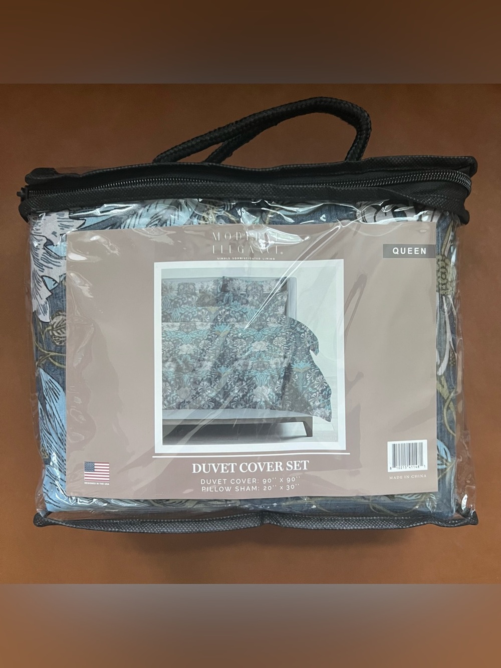 Modern Elegance Queen Duvet Cover Set Blue Beige Botanical Floral Print NWT